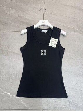 LOEWE Black Ribbed Tank Top Anagram Logo Scoop Neck Sleeveless Designer Vest